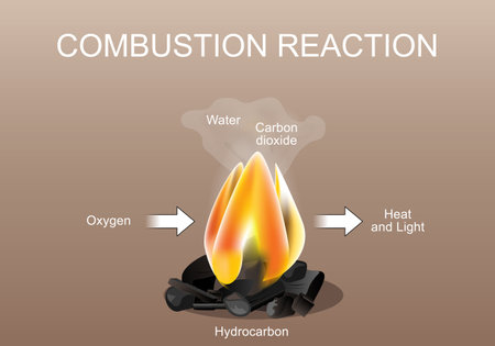 Combustion chemical reaction. Stoichiometric combustion of a hydrocarbon in oxygen for example of flame of fires, air is the source of oxygen O2. Isometric flat vector Illustrationのイラスト素材
