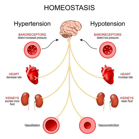 Homeostasis for Hypotension and Hypertension. Blood pressure regulation. Sympathetic and Parasympathetic nervous system. Vector diagramのイラスト素材