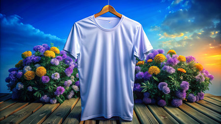 T-shirt mockup on a hanger in front of flowersの素材