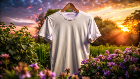 White T-shirt on a hanger in the garden at sunsetの素材