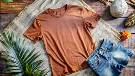 Brown t-shirt on a wooden background. T-shirt mockup.の素材