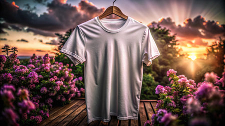White t-shirt on a hanger on the background of the summer landscape.の素材