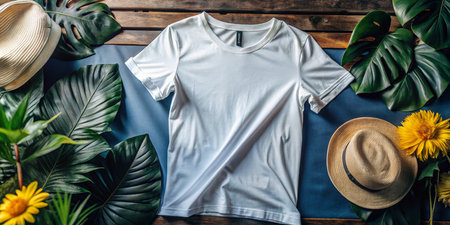 White T-Shirt Mockup with Tropical Leaves on Wooden Backgroundの素材