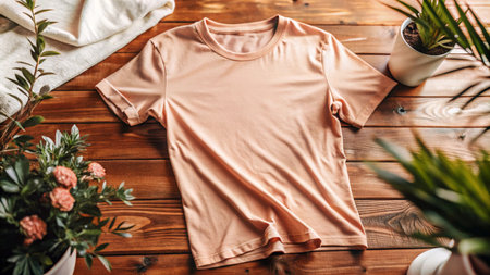 top view of beige t-shirt near plants on wooden tableの素材
