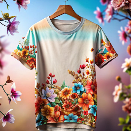 T-shirt with flowers on a hanger against the background of a blooming gardenの素材