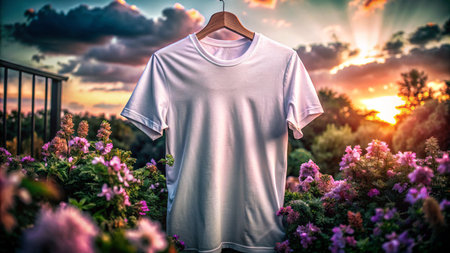 White t-shirt on a hanger in the garden at sunsetの素材