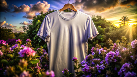 White t-shirt on a hanger in the garden at sunsetの素材
