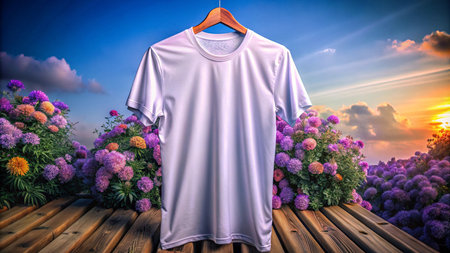 White t-shirt on a hanger in the garden. 3d renderingの素材