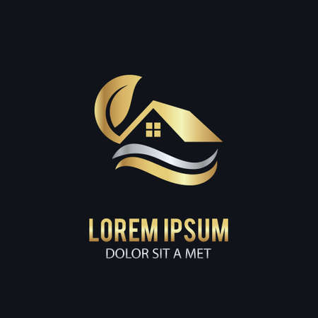 Gold house ecology leaf icon illustration on black background.のイラスト素材