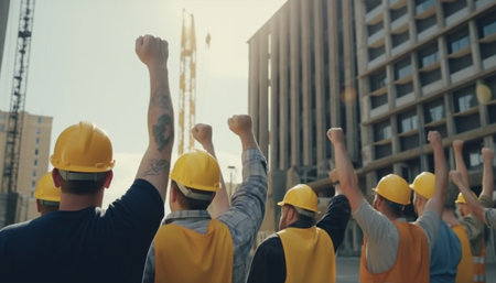 construction workers raise their hands in the air ai generateの素材