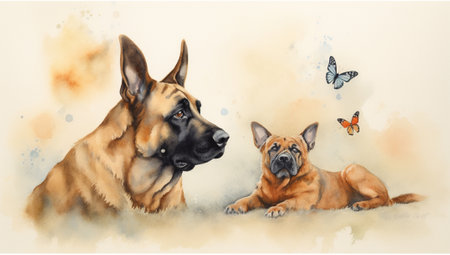 Watercolor portrait of a German Shepherd dog and a French Bulldogの素材