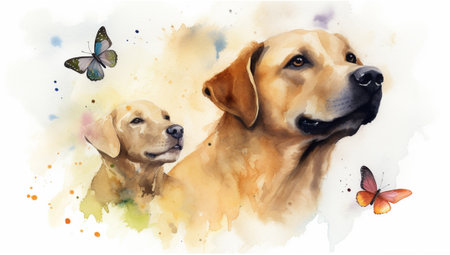 Watercolor illustration of a labrador retriever and a butterfly.の素材