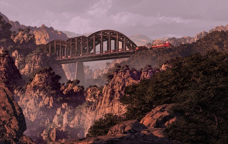 Diesel locomotive on a bridge over a canyon in the Southwest.の写真素材