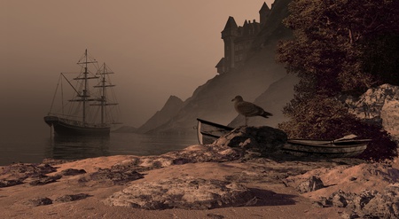 Castle on the side of a cliff over looking a Spanish brig docked in the bay.の写真素材