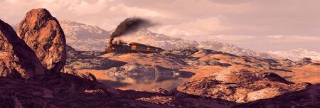 Old west steam locomotive rolling through a rocky Southwest landscape. Original illustrative...