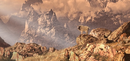 Mountain goat in a Rocky Mountain landscape. Original illustrative composition, created by me using...