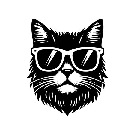 Cat head in sunglasses. Black and white vector illustration isolated on white background.のイラスト素材