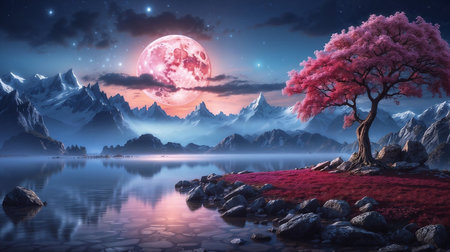 Fantasy landscape with a tree and mountains at night. 3d rendering. Serene Mountain Lake at Twilight with Pink Moon and Sakura Tree. Colorful background.の写真素材