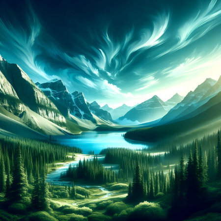 Fantasy landscape with mountain lake and forest. 3D illustration.の写真素材