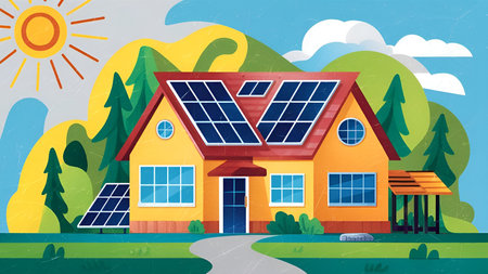 House with solar panels on the roof. Vector illustration for your designの写真素材