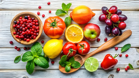 Fresh fruits and vegetables on a wooden background. Healthy food concept. Top view.の写真素材