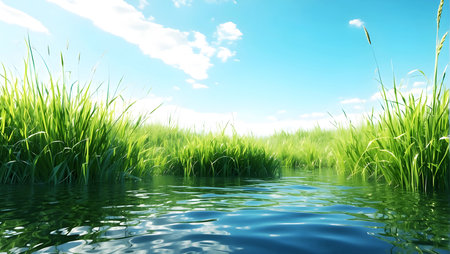 Lush Green Grass Growing Beside Clear Water Under a Sunny Sky Landscape Background. Green grass on the lake with a blue sky background. 3d renderの写真素材