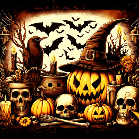 Halloween background with pumpkins, witch hat, skull, candles and batsの写真素材