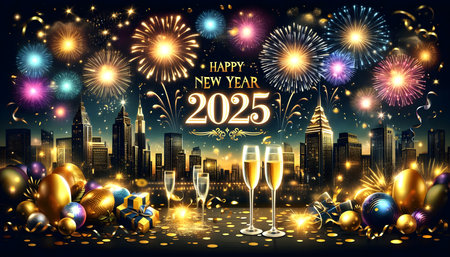 Happy New Year 2025 celebration background design with fireworks and glasses of champagne