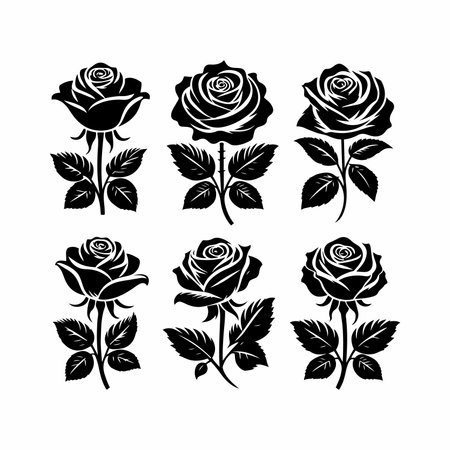 Set of black rose silhouettes isolated on white background. Vector illustration.のイラスト素材