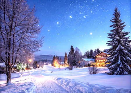 Winter night in the mountain village. Starry sky over the village.の写真素材