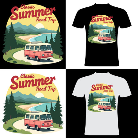 Retro Summer Road Trip T-Shirt Design with Camper Van. Set of four summer posters with camper van and mountains. Vector illustrationのイラスト素材