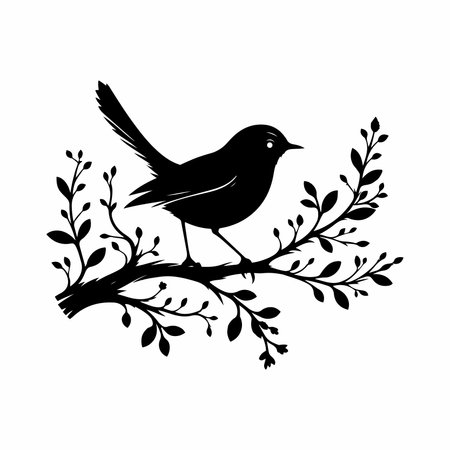 Black bird on a branch with leaves. Vector illustration isolated on white background.のイラスト素材