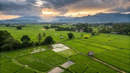 An aerial drone view showcases expansive, vibrant green rice terraces meticulously sectioned by...