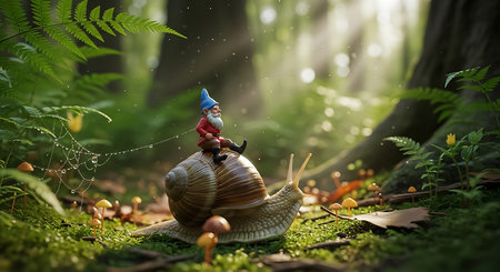 A gnome in a blue hat and red shirt rides a snail on a mossy forest floor. Dew drops sparkle on a spiderweb.の素材