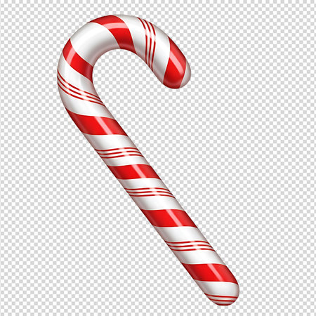 A red and white striped candy cane with a curved hook shape. Isolated on a transparent background.の素材