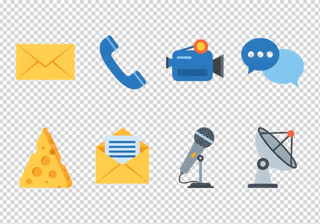 A collection of flat design communication icons including an envelope, phone, video camera, microphone, and satellite dish. Isolated on a transparent background.の素材