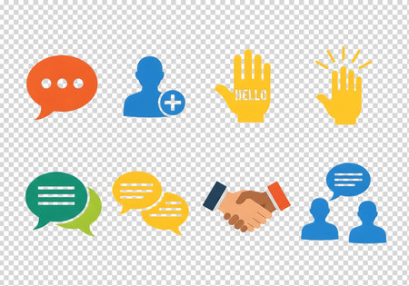 A collection of flat design icons depicting communication and connection. Includes chat bubbles, user icons, a handshake, and hands with "HELLO". Isolated on a transparent background.の素材