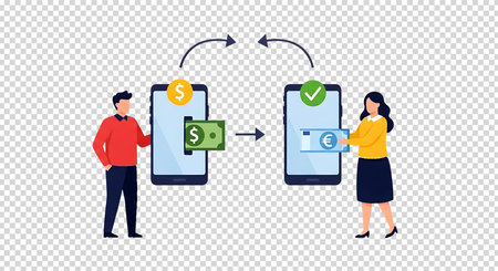 Flat illustration of a man and woman exchanging money via smartphones. Dollar bill moves from left phone to right phone, euro bill moves from right to left. Isolated on a transparent background.の素材