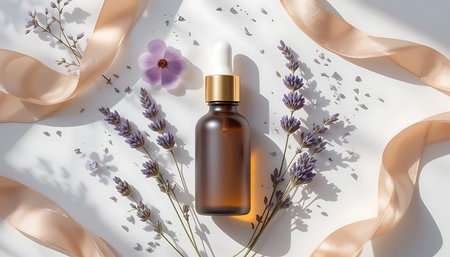 An amber glass dropper bottle with a gold cap is centrally placed on a white surface. It is surrounded by sprigs of lavender flowers and a single delicate pink flower. Two flowing, light-colored satin ribbons frame the composition. Small scattered crystals or salt add texture to the scene. The lighting creates soft shadows, highlighting the rich color of the bottle and the natural elements.の素材