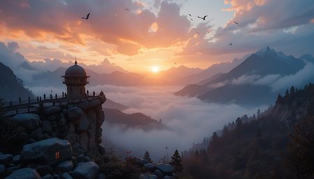 A fantasy castle tower stands on a rocky cliff overlooking a vast mountain valley filled with swirling mist. The sun is setting or rising, casting a warm golden glow across the sky and illuminating the peaks in the distance. Birds fly in the sky, and a few small figures can be seen on the walkway of the tower. The scene evokes a sense of adventure and ancient mystery.の素材