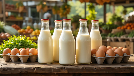 A rustic wooden table displays several glass bottles filled with fresh milk, each with a red cap. In front of the bottles are two cartons of brown eggs. The background suggests a bustling outdoor market with various fresh produce, hinting at a farm-to-table setting.の素材