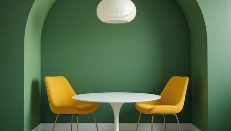 Design showing modern dining nook with two yellow chairs and white table keywords: dining nook, modern interior, yellow chairs, white table, round table, tulip table, minimalist, contemporary, interior design, seating, chairs, table, furniture, room, space, archway, green walls, pendant light, white lamp, clean lines, simple, stylish, cozy, inviting, home decor, apartment, cafe, restaurant, dining area, seating arrangement, architectural detail, accent color, bright, cheerful, functional,...の素材
