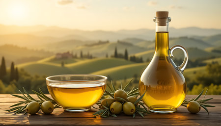 A clear glass bottle and a glass bowl filled with golden olive oil are placed on a rustic wooden table. Fresh green olives and olive branches are arranged around the containers. In the background, rolling Tuscan hills are bathed in the warm glow of a sunset, creating a picturesque and serene scene.の素材