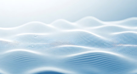 A soft focus abstract background features undulating waves formed by a grid of tiny white dots. The waves transition from a bright white in the foreground to a soft blue gradient towards the top of the image. The overall impression is one of gentle motion and digital flow.の素材