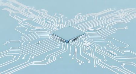 A close-up view of a light blue circuit board with intricate white pathways extending from a central, square processor. Small white cylindrical resistors are scattered across the board, connected by the white lines. The background is a solid, soft blue.の素材