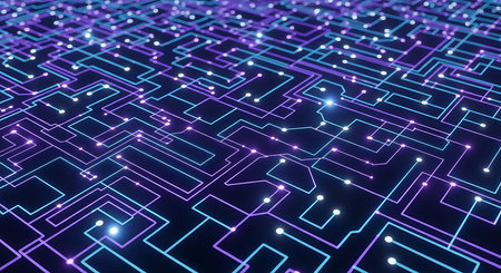 An abstract digital pattern of glowing blue and purple lines forming a circuit board network against a dark background. Small white and pink lights dot the intersections and along the lines, suggesting data flow or electrical signals. The composition is a close-up, angled view of the intricate pathways.の素材