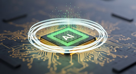 A close-up view of a central processing unit (CPU) chip with the letters "AI" prominently displayed in white on its green, illuminated surface. The chip is situated on a dark circuit board with intricate golden pathways. White light swirls around the chip, and small green and yellow particles emanate from it, suggesting data or energy flow. The background is dark and out of focus, highlighting the central technological element.の素材