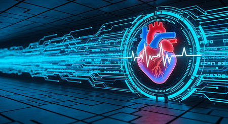A stylized human heart in red and blue is depicted with a white electrocardiogram line pulsing through it. The heart is surrounded by a glowing blue circular interface with digital readouts and circuit board patterns. The background is a dark blue grid with illuminated blue lines and abstract digital data streams, creating a futuristic and technological medical theme.の素材