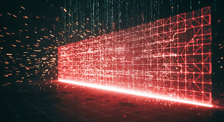 A glowing red digital grid with intricate lines and nodes dominates the center of the frame. Sparks and streaks of light emanate from the left side, suggesting movement or data flow. The background is dark, with vertical lines of light resembling falling data or rain. The overall mood is futuristic and energetic.の素材