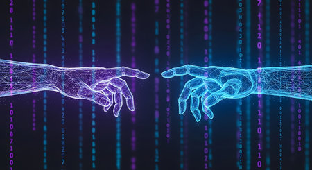 Two wireframe hands, one purple and one blue, are reaching towards each other against a dark background. Vertical lines of purple and blue binary code fall like rain between the hands. The hands are detailed with a mesh-like structure, suggesting a digital or virtual creation.の素材